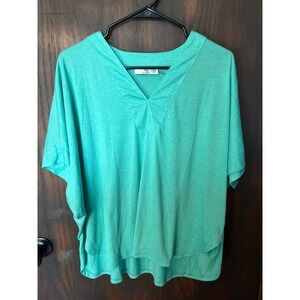 Natori Womens XS Turquoise Green V-Neck Short Sleeve Relaxed Fit Jersey Top